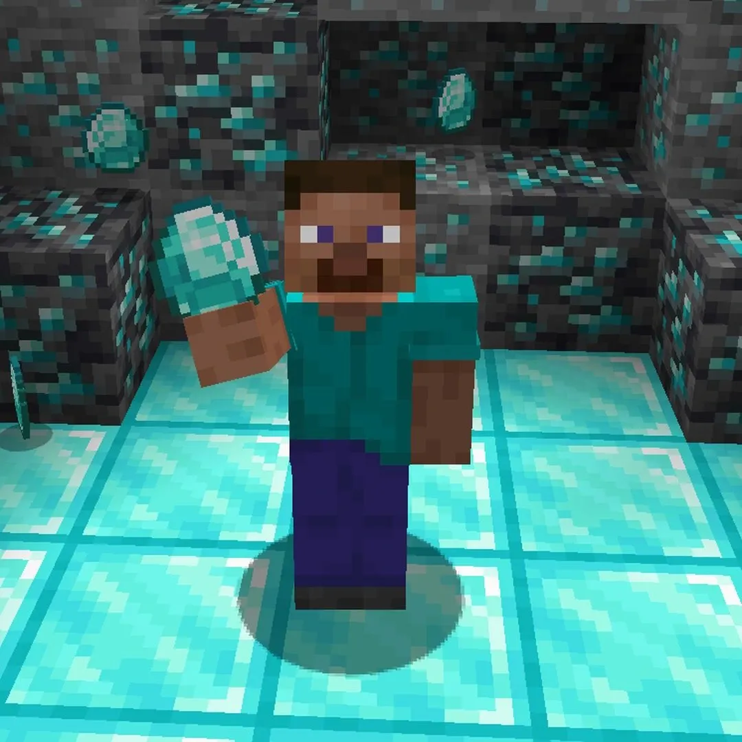A Minecraft player holding a diamond inside a chamber of diamond ore and diamond blocks