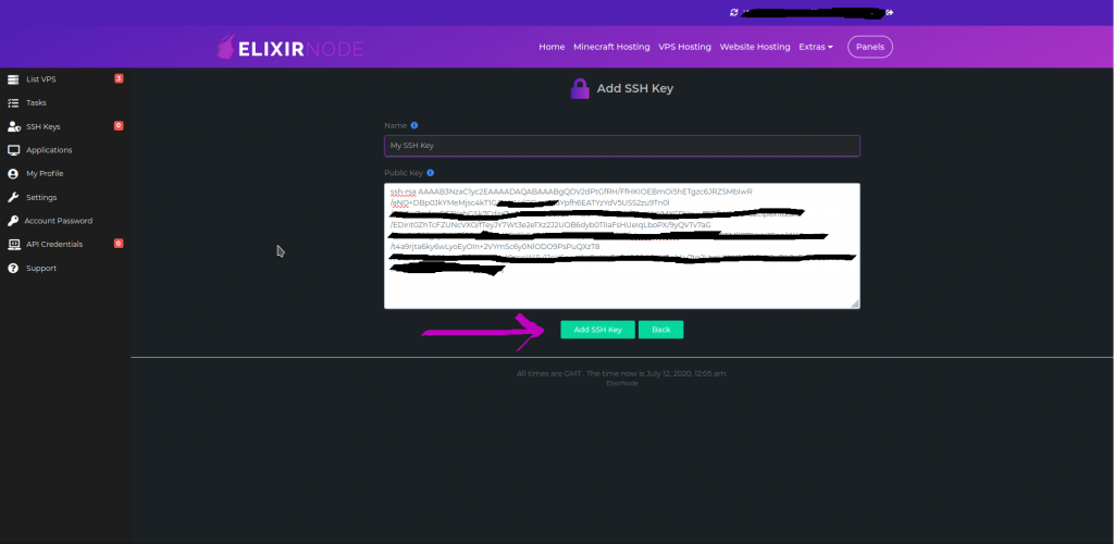 vps panel adding ssh key