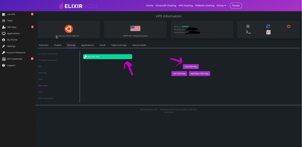 vps panel inputing ssh key to vps