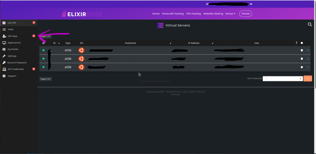 vps panel ssh keys