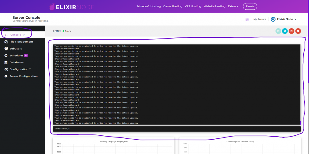 ElixirNode game panel console