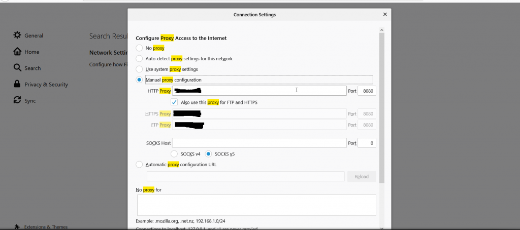 HTTP Proxy configuration in FireFox