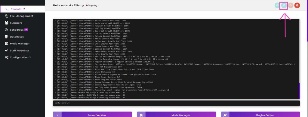 Elixirnode game panel console, restart server