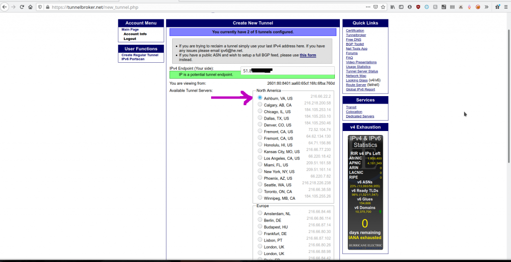 Create tunnel page with arrow pointing to "Ashburn VA, US"and an IP address in the first box