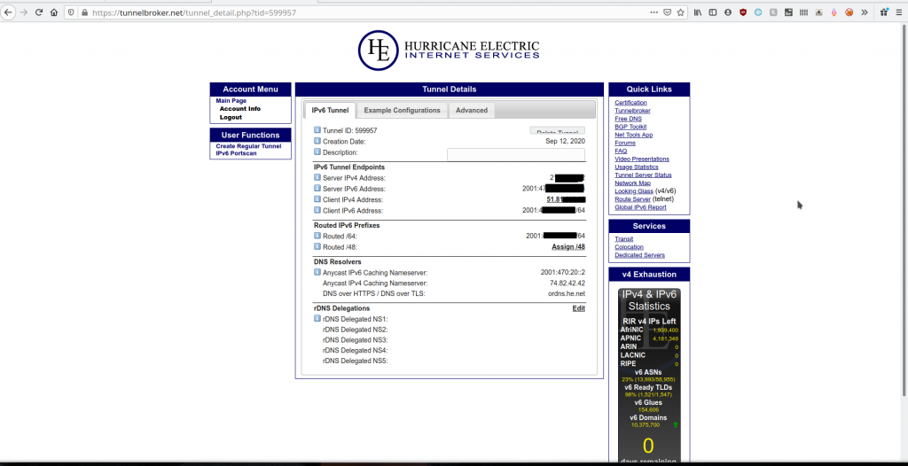 IP tunnel page with all the information about the IPv4 endpoints and available IPv6 addresses