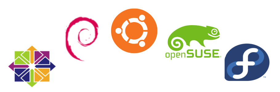 An Image with all the logos of the Operating Systems ElixirNode provides for VPS hosting. From left to right it is CentOS, Debian, Ubuntu, openSUSE, and lastly Fedora.