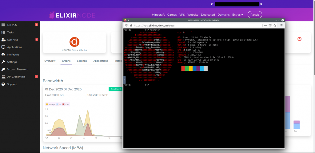 The ElixirNode VPS hosting panel powered by the Virtualizor. Showing a VPS on the stats and graphs page with the NoVNC shell open. 