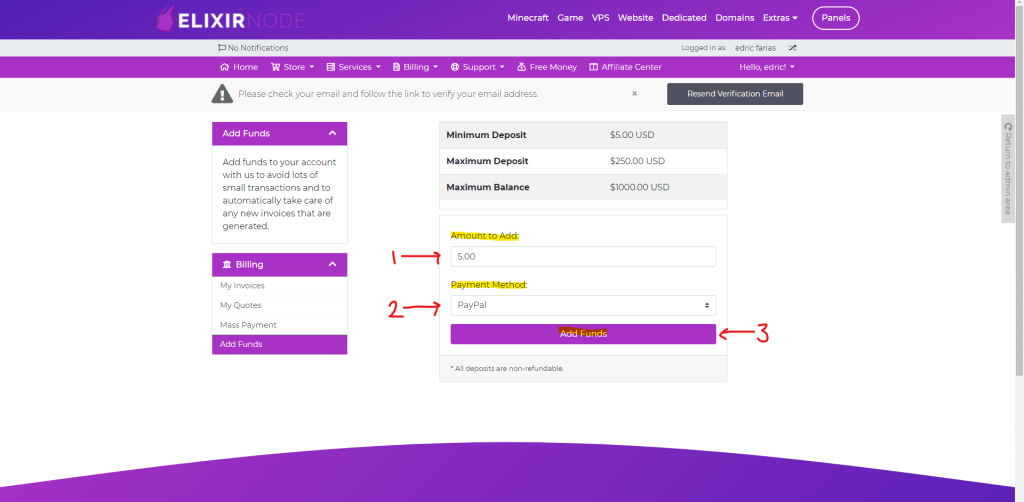 elixirnode add funds credit page